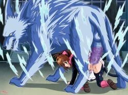 bodily_fluids brown_hair canid canine canis cardcaptor_sakura censored female feral green_eyes hair human madoc male male/female mammal sakura_kinomoto saliva sex_from_behind size_difference the_thunder_(card_captor_sakura) wolf zoophilia