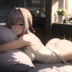 ai_generated ass bed bedroom blonde_hair blue_eyes braided_hair cute dress hair_ribbon lying lying_on_bed lying_on_side no_panties pillow pillow_grab sunlight teenager violet_evergarden violet_evergarden_(character) young