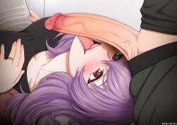 1boy 1girls big_breasts black_pants black_shirt book breasts cleavage couch dick dick_on_face fellatio heart-shaped_pupils hiiragi_shinoa hyakuya_yuuichirou laying_on_couch licking_penis neck neocoill on_back owari_no_seraph penis purple_hair ring seraph_of_the_end tongue_lick tongue_out