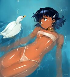 1girls bird blue_eyes commentary_request dark-skinned_female dark_hair duck female fushigi_no_umi_no_nadia gainax nadia_la_arwall no_sex optionaltypo swimsuit tagme water