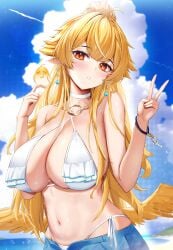 1girls :o beach belly belly_button big_breasts bikini blonde_hair blush breasts chicken cleavage cleavage_overflow cloud collar detailed_background earrings female female_only hibiki_(vtuber) high_ponytail key large_breasts light-skinned_female light_skin long_hair looking_away meridian_project navel ouka_rara_(oukafafafa) pants peace_sign ponytail sea seaside shorts side-tie_bikini sky virtual_youtuber white_bikini wings wristband