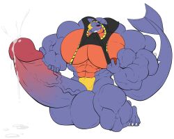 anthro balls bara barazoku big_balls big_penis blue_body blue_skin boner cum erection fin garchomp hood_up hoodie makeembig male male_only muscles muscular nintendo orgasm pantsless penis pokemon pokemon_(species) shark_fin shark_tail sharp_teeth solo solo_male spikes_(anatomy) tail