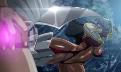 1boy 1girls ass breasts dark-skinned_female delva_celebrian hips holding_weapon large_breasts nipples purple_hair screencap t-rex_(animation_studio) thick_thighs thighs tummy wide_hips youkoso!_sukebe_elf_no_mori_e