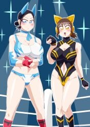 big_breasts black_hair black_suit blue_eyes brown_hair cat_ears kamen_rider kamen_rider_geats_(series) otokam1117 white_suit wolf_ears yellow_eyes