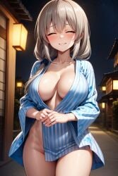 1girls ai_generated blush breasts clavicle cleavage closed_eyes cowboy_shot female female grey_hair high_resolution kimono large_breasts long_hair long_sleeves milf night night_sky nopan outdoors robe sky smile solo standing uzaki-chan_wa_asobitai! uzaki_tsuki wafuku yukata