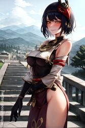 1girls ai_generated big_breasts black_hair breasts dark_hair female female_only genshin_impact kujou_sara looking_at_viewer mihoyo no_panties osyasenpai ratatatat74_(ai_style) short_hair solo stable_diffusion thighs yellow_eyes