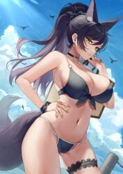 1girls animal_ears animal_tail armpit_crease armpits beach belly belly_button big_breasts bikini bird black_bikini black_hair breasts cleavage cleavage_overflow collar confident curvaceous curvy curvy_female female female_only fox_ears fox_tail green_eyes hair_between_eyes hair_scrunchie hi_res high_ponytail highres illian0919 large_breasts leg_band legs looking_at_viewer meridian_project navel painted_nails ponytail seki_(vtuber) shaded sideboob sky strap_gap tail teeth teeth_showing thighs thong thong_bikini virtual_youtuber wristband