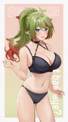 1girls belly big_breasts blue_eyes blush blushing_at_viewer bra breasts cleavage cleavage_overflow collar collarbone curvaceous curvy curvy_female female female_only gradient_background green_hair high_ponytail illian0919 large_breasts legs looking_at_viewer meridian_project navel ponytail sideboob simple_background straps text underwear underwear_only virtual_youtuber