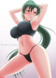 1girls amezuku ass_visible_through_thighs bare_legs bare_midriff bra breasts female female_only fire_emblem fire_emblem:_the_blazing_blade from_below green_eyes green_hair green_panties heavy_breathing large_breasts legs long_hair looking_at_viewer looking_down lyn_(fire_emblem) midriff nintendo ponytail pose seductive smile solo sweat sweaty underwear