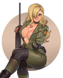 absurdres black_footwear black_gloves blonde_hair boots breasts choker cleavage collarbone cross-laced_footwear emblem female fingerless_gloves fox fox_hound gloves green_eyes gun h&k_psg1 hair_over_one_eye highres knife lace-up_boots large_breasts lips long_hair looking_away metal_gear_(series) metal_gear_solid ravenousruss rifle sniper_rifle sniper_wolf solo weapon