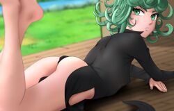 1girls ass ass_cheeks ass_focus back back_view bare_ass bare_legs bare_thighs barefoot black_dress bottomless breasts butt_focus curly_hair dress feet feet_together feet_up female green_eyes green_hair long_sleeves looking_at_viewer looking_back lying_on_stomach nipples nipples_visible_through_clothing no_panties noxdsa one-punch_man pelvic_curtain side_slit solo solo_female tatsumaki