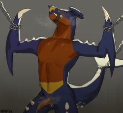 anthro blue_body blue_skin boner chained chains erection fin garchomp genital_slit kafka_(artist) male male_only musk nintendo penis pokemon pokemon_(species) shark_fin shark_tail sharp_teeth solo solo_male spikes_(anatomy) steamy_breath tail tapering_penis