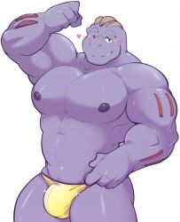 anthro balls bara blue_hair blue_skin blush bulge flexing machoke male male_only muscles muscular nintendo one_eye_closed penis pokemon pokemon_(species) seintaur solo solo_male thong