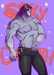 1boy abs artist_request bare_arms bare_chest bare_shoulders black_hair broad_shoulders darksiders darksiders_2 death_(darksiders) grey_body grey_skin half_naked humanoid long_hair male male_only markings mask masked masked_male muscle muscles muscular muscular_arms muscular_male no_humans pants pecs pectorals pulling_down_pants scar shiny shiny_hair shiny_skin skull_mask sole_male solo solo_focus solo_male tattoo tattoos