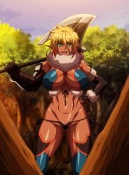 1girls blonde_hair breasts bunnywalker dark_elf dark_elf_female elda_ballad elf elf_ears elf_female green_eyes holding_weapon large_breasts medium_hair muscular_female nipples open_mouth panties screencap screenshot stitched t-rex_(animation_studio) thick_thighs thighs tummy youkoso!_sukebe_elf_no_mori_e