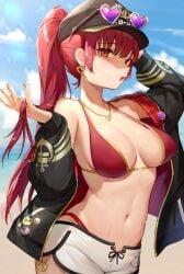 beach belly belly_button big_breasts bikini breasts cap coat dolphin_shorts ear_piercing earrings hanging_breasts heart_glasses high_ponytail hololive hololive_fantasy hololive_japan houshou_marine illian0919 large_breasts long_hair navel necklace pants ponytail red_hair sea seaside shorts sideboob sunglasses sunglasses_on_head sunlight sweat sweating sweaty swimsuit thong thong_bikini virtual_youtuber