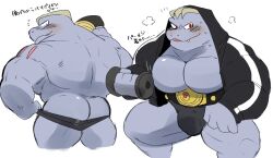 anthro ass balls bara blue_hair blue_skin blush bulge hyaku_(artist) machoke male male_only muscles muscular nintendo penis pokemon pokemon_(species) solo solo_male weightlifting