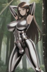 1futa ai_generated armpits arms_above_head bare_shoulders bodysuit brown_hair bulge bulge_through_clothing clothed confident exposed_armpits exposed_shoulders feet_out_of_frame female_armor forest futanari gloves heroine impossible_clothes knight large_breasts large_penis long_gloves long_hair longjohnsingleduct metal metallic penis penis_bulge shiny silver silver_armor skintight solo standing testicles