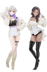 2girls belt beltskirt blue_eyes boots breasts brown_hair choker cleavage dark-skinned_female dark_hair duo earrings female female_only fully_clothed hair_between_eyes heel_boots heels high_heels highres layla_(ohisashiburi) legs light-skinned_female light_blush long_hair medium_breasts multicolored_hair ohisashiburi original original_character original_characters pink_eyes pose safe sfw simple_background skirt standing thigh_boots thighs two_tone_hair white_background white_hair yuri yuson_(ohisashiburi)