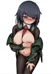 armedshipyard big_breasts blush clothed escape_from_tarkov glasses navel nervous original_character pierced_nipples reverse_bunnysuit tie_between_breasts