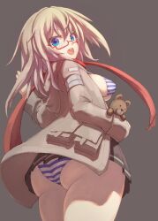 1girls :d as_val_(girls'_frontline) ass bad_id blonde_hair blue_eyes brown_background female_only girls'_frontline highres looking_at_viewer open_smile osabachan pleated_skirt scarf semi-rimless_eyewear simple_background striped_bikini striped_swimsuit tagme teddy_bear