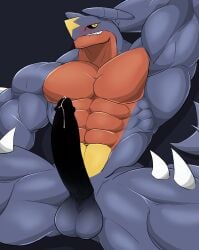 anatake anthro balls bara barazoku big_penis blue_body blue_skin boner erection fin garchomp hand_behind_head male male_only muscles muscular nintendo penis pokemon pokemon_(species) shark_fin shark_tail sharp_teeth solo solo_male spikes_(anatomy) tail