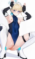 1boy armpits arms_up bare_shoulders black_gloves black_leotard blonde_hair blue_archive blue_eyes blue_leotard blue_ribbon blush boots braid breasts bun_cover censored cleaning_&_clearing_(blue_archive) clothing_aside commentary_request covered_navel elbow_gloves female fingerless_gloves french_braid gloves hair_bun high_heel_boots high_heels highleg highleg_leotard highres leotard leotard_aside looking_at_viewer maid_headdress millennium_science_school_student mosaic_censoring onion_(kumagaioyr) open_mouth pussy rabbit_pose ribbon sensei_(blue_archive) shadow short_hair sleeveless_turtleneck_leotard small_breasts squatting sweatdrop thigh_boots thighs toki_(blue_archive) tsurime two-tone_leotard white_background white_footwear