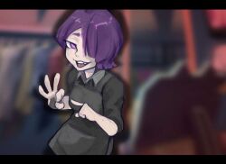 1girls asking_for_it background blush blushing_at_viewer cashier female lady_annalie looking_at_viewer my_dystopian_robot_girlfriend official_art purple_eyes purple_hair sixie_(artist)