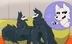 absurd_res anthro anus ass balls canid canine changed_(video_game) digital_media_(artwork) duo erection fur genitals group hi_res male male/male mammal nude penis puro_(changed) ronai_fox simple_background smile squid_dog_(changed) tail text tongue trio