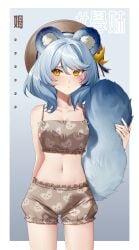 1girls animal_ears animal_tail belly blush blushing_at_viewer collarbone female female_only gradient_background hi_res highres illian0919 legs looking_at_viewer meridian_project navel simple_background small_breasts text underwear underwear_only virtual_youtuber