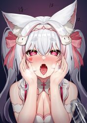 1girls animal_ears blush blush_lines blushing_at_viewer cleavage clothed clothed_female dark_background eyebrows_visible_through_hair eyelashes fangs fog hair_between_eyes hair_ornament hair_ribbon hairband heart-shaped_pupils horny_female iitifox illian0919 light-skinned_female light_skin long_hair looking_at_viewer meridian_project nurse nurse_uniform open_mouth ribbons saliva saliva_string simple_background thick_eyebrows tongue tongue_out twintails upper_body virtual_youtuber white_hair