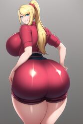 ai_generated blonde_hair blue_eyes booty_shorts curvaceous curvy curvy_figure gigantic_ass huge_ass huge_breasts huge_hips long_hair looking_at_viewer metroid nai_diffusion ponytail pullover red_clothing red_pullover samus_aran seductive_smile shiny_clothes shiny_hair shiny_skin stable_diffusion thick_thighs thunder_thighs voluptuous wide_hips