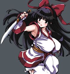 1girls ai_generated ainu_clothes armpits big_breasts black_hair breasts busty female female_only fingerless_gloves gloves grey_eyes hair_ribbon hirowa_nagi huge_breasts long_hair nakoruru open_mouth pants ribbon samurai_shodown snk sweat torn_clothes voluptuous weapon