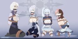 4girls ball_gag bondage clothing coffle collar collared exposed_breasts female female_only femsub gag gagged happy heels horny leash linked_collar maid_uniform milf military_uniform mother_and_daughter multicolored_hair multiple_girls multiple_subs neo_(rwby) older_sister_younger_sister rope rope_bondage rwby sister sisters slave slave_collar slavegirl tied_up weiss_schnee white_hair willing_sub willow_schnee wink winking winter_schnee