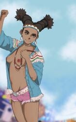 1girls black_hair brown_eyes dark-skinned_female dark_nipples dark_skin earrings female female_only lily_hawk medium_breasts native_american nipples no_bra open_clothes open_shirt perky_breasts pink_shorts shorts small_breasts smile solo street_fighter street_fighter_6 thick_eyebrows twin_braids wishbone