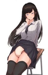 1futa absolute_territory bangs big_bulge big_penis black_hair black_thighhighs blue_eyes breasts bulge clothed clothing flaccid futa_only futanari huge_cock human light-skinned_futanari light_skin long_hair looking_at_viewer mostly_clothed penis penis_in_panties penis_under_clothes pleated_skirt school_desk school_uniform schoolgirl simple_background skirt skirt_lift smile solo thighhighs thin_waist tontekiss white_background white_shirt zettai_ryouiki