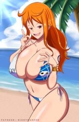 1girls armwear beach big_breasts bikini bikini_bottom bikini_top bottomwear bracelet breasts brown_eyes cleavage female female_only hair hips huge_breasts long_hair nami nightmare_hdraw one_piece orange_hair palm_tree post-timeskip solo solo_female swimwear thighs topwear white_bikini