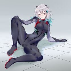 1boy 1femboy airin_hawnt alternate_version_available androgynous arteclipsa balls_outline bodysuit cosplay cute_face cute_male femboy ghost ghost_boy gradient_hair latex latex_suit laying_on_ground lewdtuber looking_at_viewer plugsuit plugsuit_(cosplay) red_eyes shiny skin_tight smiling_at_viewer solo_femboy solo_male spread_legs thin_waist tight_clothing virtual_youtuber visible_penis_shape vtuber white_background white_hair