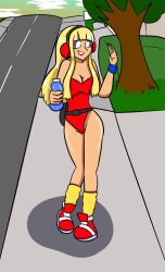 1girls blonde_hair breasts cleavage clothed female female_only headphones leotard lipstick long_hair red_leotard red_lipstick red_sneakers revrookington sneakers socks solo tiffany_(revrookington) water_bottle yellow_socks