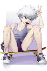 1boy bulge erection erection_under_clothes ganymede_lust hunter_x_hunter killua_zoldyck male male_only peace_sign penis sitting solo solo_male tenting tongue_out white_hair young