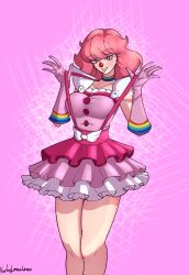 ace_attorney artist_name blush capcom choker clown_nose dress elbow_gloves geiru_toneido hourglass_figure kerbylmaolmao looking_at_viewer medium_breasts pink_hair rainbow_choker suspenders suspenders_pull