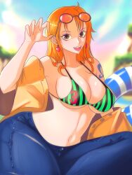 1girls bikini female female_only jeans nami one_piece opalisart post-timeskip tattoo