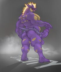 2020 absurd_res amped_toxtricity anthro ass balls big_pecs digital_media_(artwork) erection foreskin generation_8_pokemon genitals hand_on_penis hi_res looking_at_viewer looking_back looking_back_at_viewer low_key_toxtricity male muscular muscular_anthro muscular_male nintendo nude pecs penis pinup pokemon pokemon_(species) pose purple_body rear_view solo spikes spikes_(anatomy) standing steen thick_thighs tongue tongue_out toxtricity wide_stance