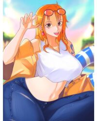 1girls alternative_version_available female female_only jeans nami one_piece opalisart post-timeskip tattoo