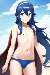 1boy ai_generated belly_button bulge bulge_through_clothing femboy fire_emblem fire_emblem_awakening genderswap_(ftm) lucina_(fire_emblem) nintendo nipples novelai rule_63 swim_briefs swimsuit topless