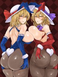 2d 2girls alternate_color_scheme ass bare_shoulders big_ass big_breasts blonde_hair breasts bunnysuit dat_ass female female_focus hat huge_ass kana_anaberal looking_at_viewer louise_(touhou) mole multiple_girls open_back open_mouth pantyhose short_hair source thick_ass touhou touhou_(pc-98) washiwa yellow_eyes