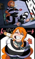 bandaid bandaid_gag bandaid_on_face barefoot big_breasts bondage chains collar drooling feet female female_only gag gag_removed gagged nami one_piece post-timeskip prison prison_uniform prisoner rebake-1453 sweat tied_up