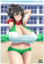 artist_signature asuka_(senran_kagura) azraelwebster breasts_bigger_than_head brown_eyes brown_hair hair_ribbon huge_breasts narrow_waist navel nipple_bulge scarf senran_kagura solo sports_bra sportswear thunder_thighs wide_hips workout_clothes