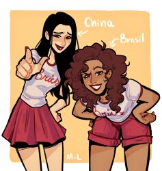 asian asian_female big_breasts brazil brazilian brics china chinese cocky_smile group latina latina_female laugh laughing_at_viewer loopsieart national_personification shirt shorts skirt