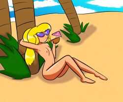 1girls ass barefoot beach blonde_hair breasts coconut_drink completely_nude completely_nude_female female female_only flat_chest long_hair matilda_(revrookington) navel nipples nude nude_female ponytail revrookington small_breasts solo sunglasses tanned